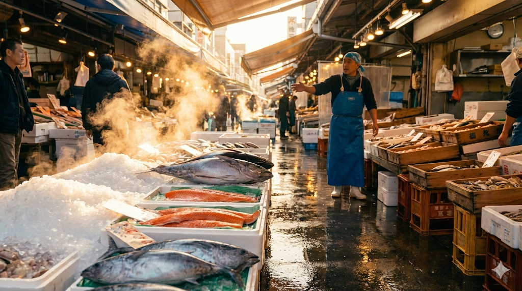 Marché aux poissons avec produits frais