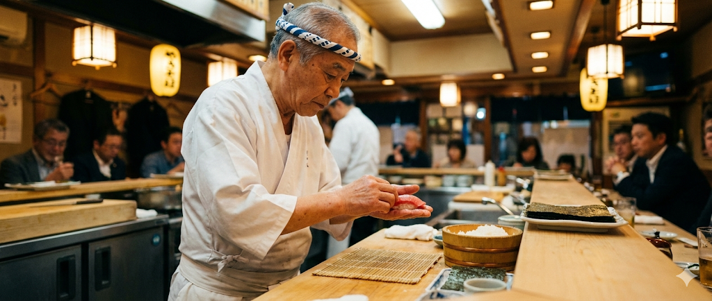 Itamae préparant des sushis derrière le comptoir