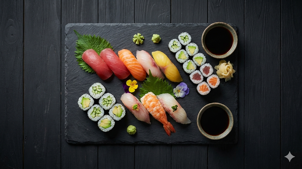 Plateau de sushis élégamment présenté