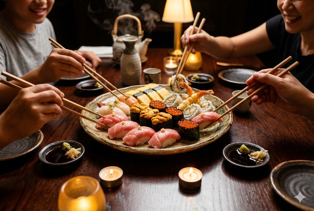 Clients dégustant des sushis avec baguettes